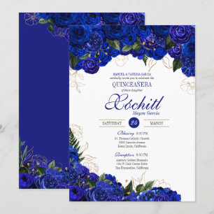 Convite Elegante Quinceanera - Rosas Dourados azuis reais 