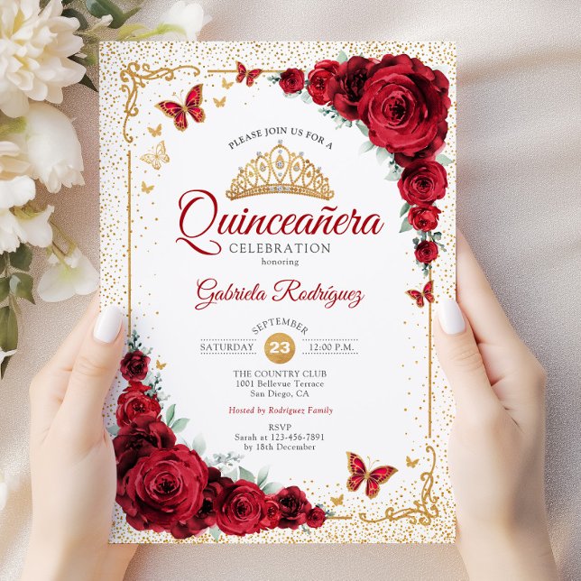 Convite Elegante Quinceanera Rosas vermelhas Douradas (Criador carregado)