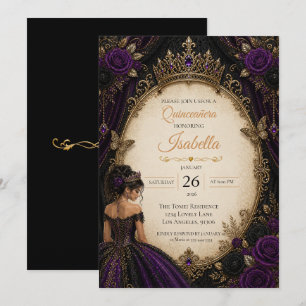 Convite Elegante Quinceañera Roxo Dourado