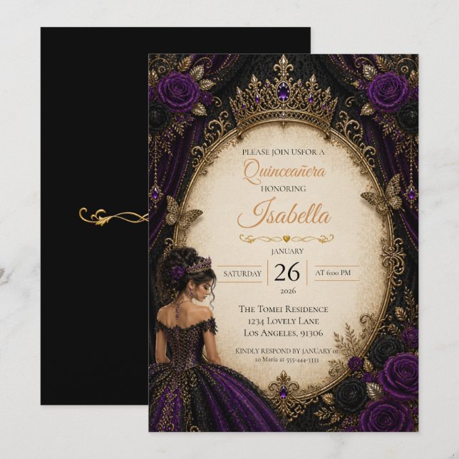Convite Elegante Quinceañera Roxo Dourado (Frente/Verso)