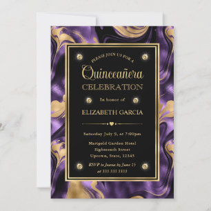 Convite Elegante Quinceanera Roxo Dourado Brilhante Derret