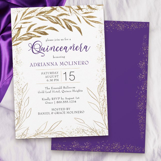 Convite Elegante Quinceanera Roxo e Folhas Douradas (Modern Quinceanera invitation in white, purple and gold from my Gold Leaf Collection)