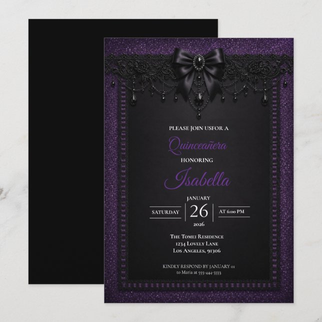 Convite Elegante Quinceañera Roxo Preto (Frente/Verso)