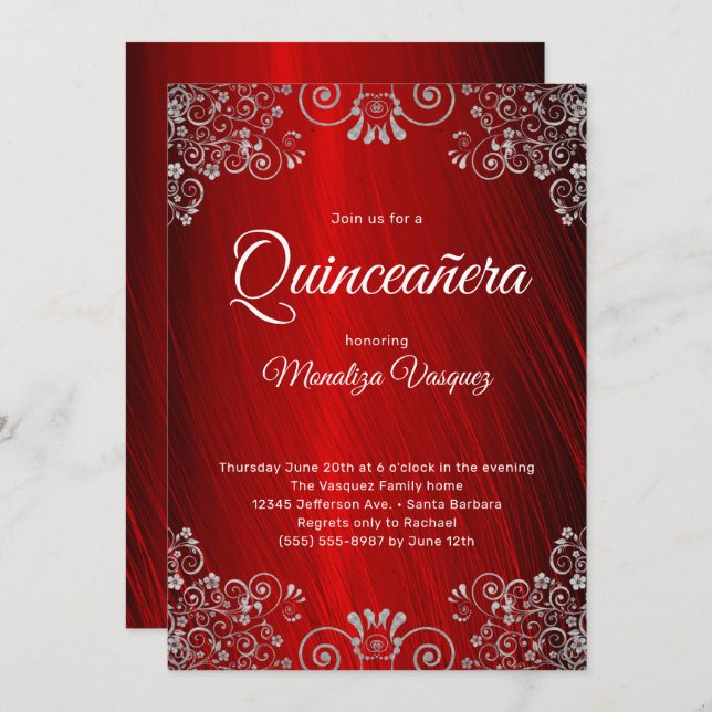 Convite Elegante Quinceañera Ruby Red 15 Birthday (Frente/Verso)