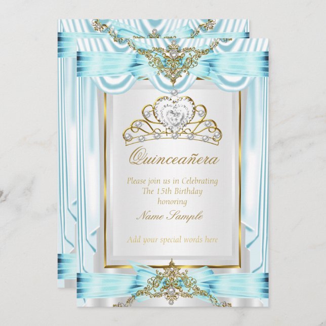 Convite Elegante Quinceanera Teal Azul Prateado Dourado Br (Frente/Verso)