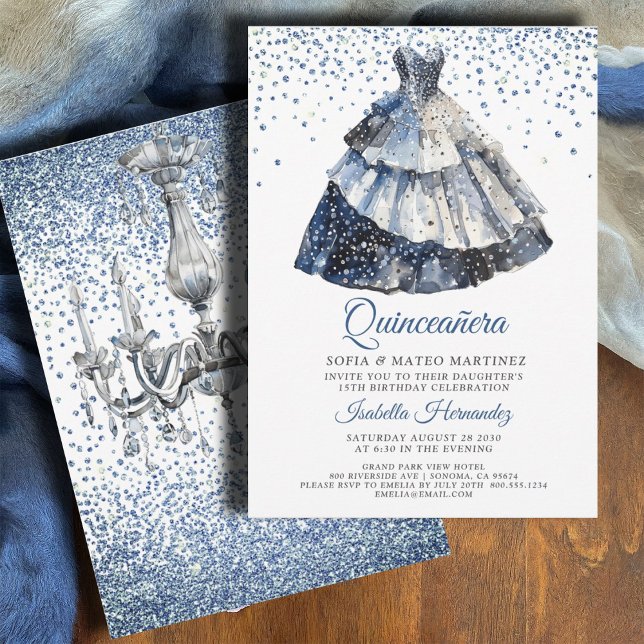 Convite Elegante Quineanera Blue Glitter Blue Gown Party (Criador carregado)