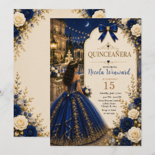 Convite Elegante Quinze Anos Azul Real e Dourado