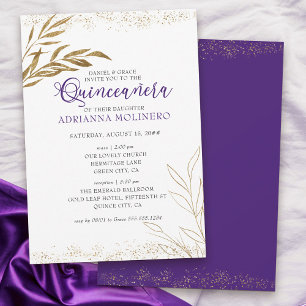 Convite Elegante Quinze Anos e Missa Roxo e Folha de Ouro