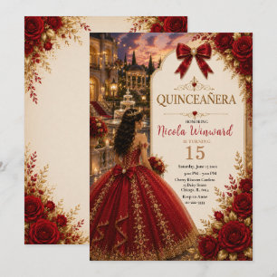 Convite Elegante Quinze Anos Vermelho e Dourado