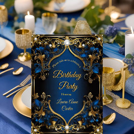 Convite Elegante Rebuscado Pérola Azul Real Dourado aniver