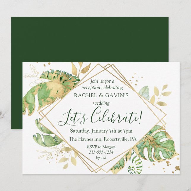 Convite Elegante Recepção de Casamento com Fuga Tropical (Frente/Verso)