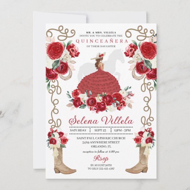 Convite Elegante Red Charro Princess Quinceañera (Frente)