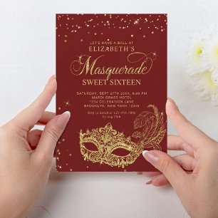 Convite Elegante Red Dourado Glitter Mascarada Doce 16