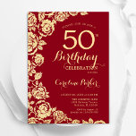 Convite Elegante Red Dourado Rosas 50º aniversário<br><div class="desc">Convite de aniversário 50º floral de ouro vermelho. Design elegante com rosas, folha de ouro falsa e letra de script de tipografia. A Trendy convida o cartão perfeito para uma festa de na moda. Pode ser personalizado para qualquer idade. Impressos convites Zazzle ou modelo de impressão digital instantânea para download....</div>
