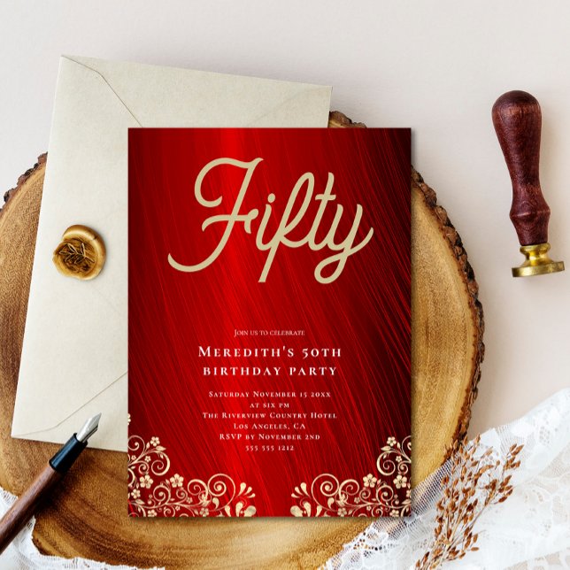 Convite Elegante Red Dourado Swirl 50ª Festa de aniversári (Criador carregado)