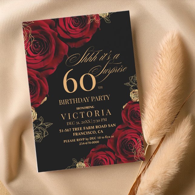 Convite Elegante Red e Black Rosas 60th Birthday (Criador carregado)