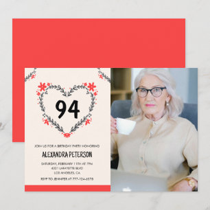 Convite Elegante Red Floral Heart por seu 94 anos