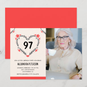 Convite Elegante Red Floral Heart por seu 97 anos