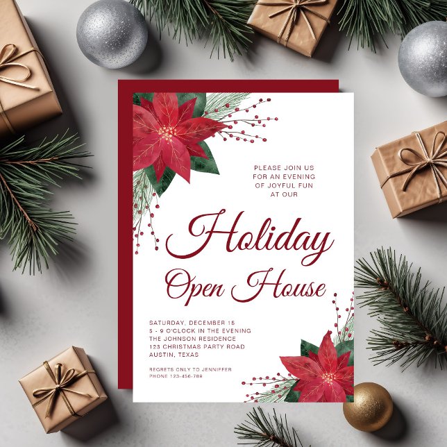 Convite Elegante Red Floral Poinsettia Holiday Casa Aberta (Elegant Red Floral Poinsettia Holiday Open House Invitation)