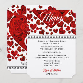 Convite Elegante Red Hearts and Rosa Wedding Menu