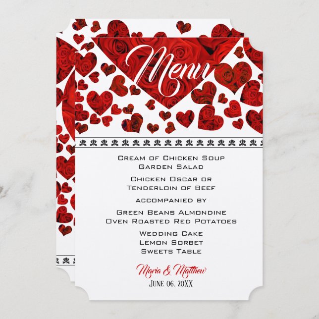 Convite Elegante Red Hearts and Rosa Wedding Menu (Frente/Verso)