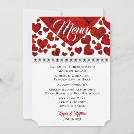Convite Elegante Red Hearts and Rosa Wedding Menu