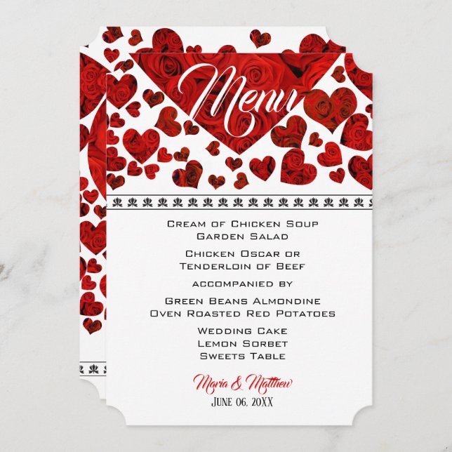 Convite Elegante Red Hearts and Rosa Wedding Menu (Frente/Verso)