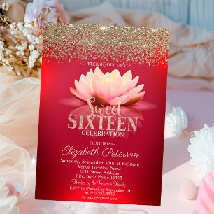 Convite Elegante Red Lotus Dourado Confetti Diamond Sweet