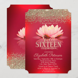 Convite Elegante Red Lotus Dourado Confetti Diamond Sweet 