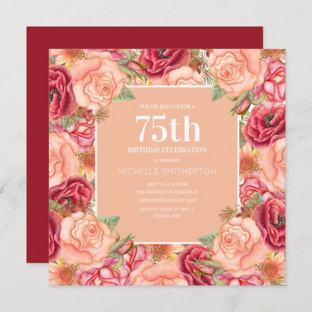 Convite Elegante Red Pink Floral 75ª Festa de aniversário  (Frente/Verso)