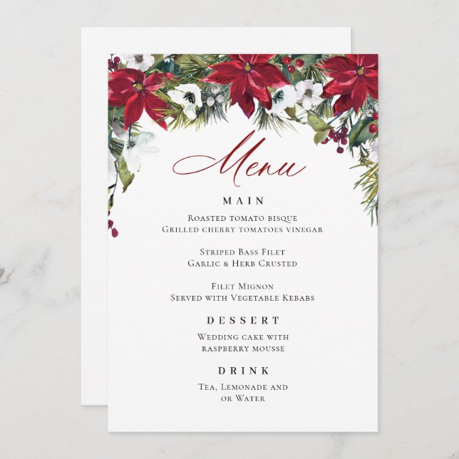 Convite Elegante Red Poinsettia Menu de Casamento de Natal (Frente/Verso)