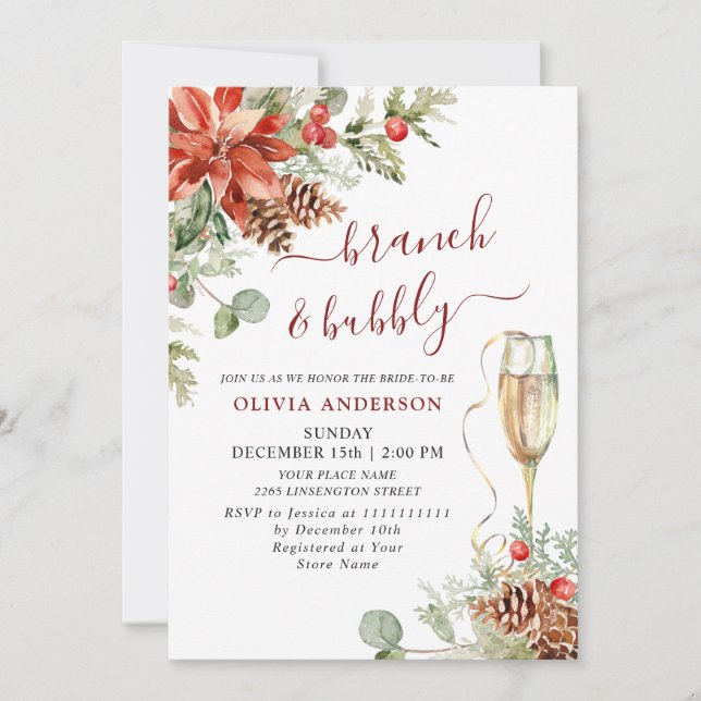 Convite Elegante Red Poinsettia Watercolor Brunch e Bubble (Frente)