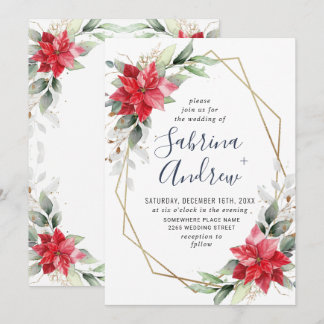 Convite Elegante Red Poinsettia Winter Greenery Wedding In