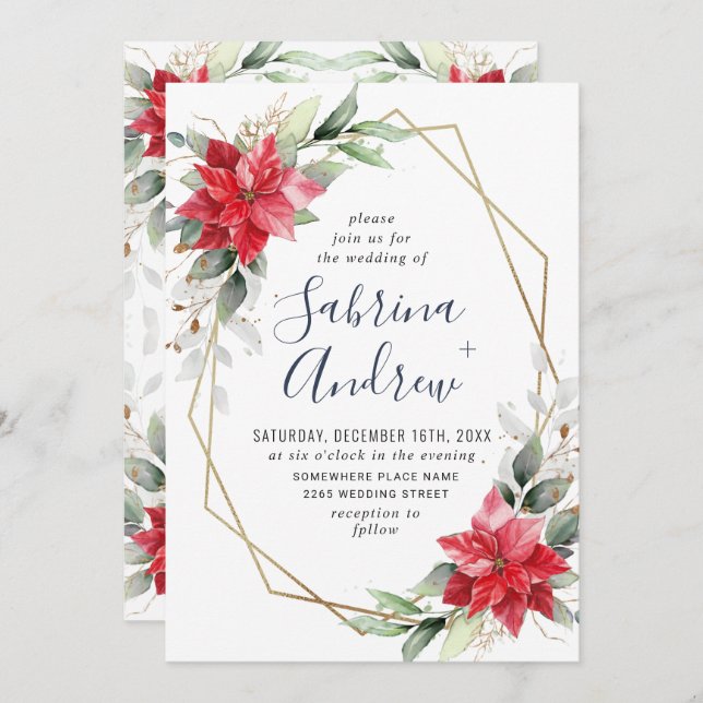 Convite Elegante Red Poinsettia Winter Greenery Wedding In (Frente/Verso)