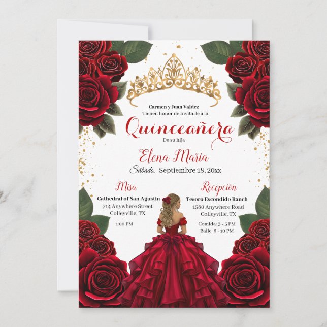 Convite Elegante Red Quinceañera Rosa Glitter Dourado (Frente)