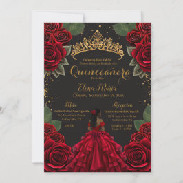 Convite Elegante Red Quinceañera Rosas Dourada Glitter
