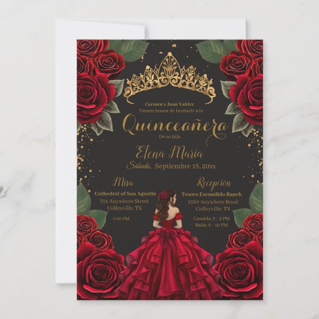 Convite Elegante Red Quinceañera Rosas Dourada Glitter (Frente)