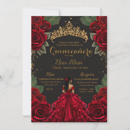 Convite Elegante Red Quinceañera Rosas Dourada Glitter