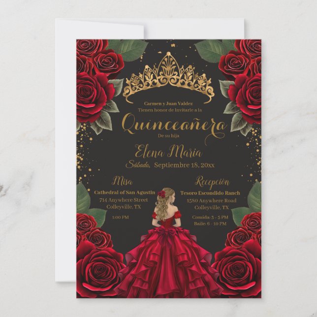 Convite Elegante Red Quinceañera Rosas Dourada Glitter (Frente)