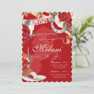 Convite Elegante Red Rustic Wild Rosa Charro Quinceanera