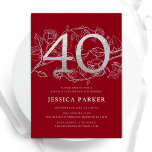 Convite Elegante Red Silver aniversário de 40 anos<br><div class="desc">Elegante convite de festas de aniversário de 40 anos de prata vermelha. Design feminina moderna personalizável, com sotaques botânicos rosas e prata brilhante fraca. Simples cartão de convite floral perfeito para uma comemoração de um na moda. Personalize com seus próprios detalhes. Impressos convites Zazzle ou modelo de impressão digital instantânea...</div>
