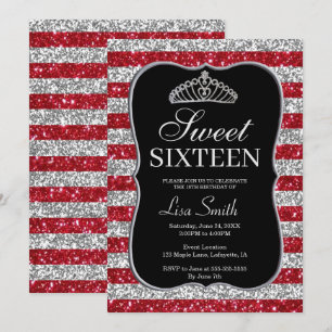 Convite Elegante Red Silver Glitter Tiara Sweet 16