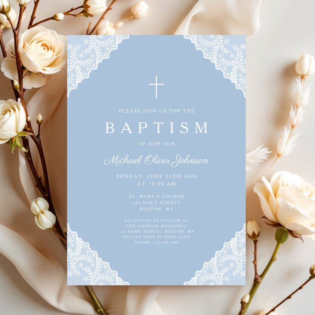 Convite Elegante Renda Azul Batismo de Bebê Menino (Elegant Lace Navy Blue Baby Boy Baptism Invitation)