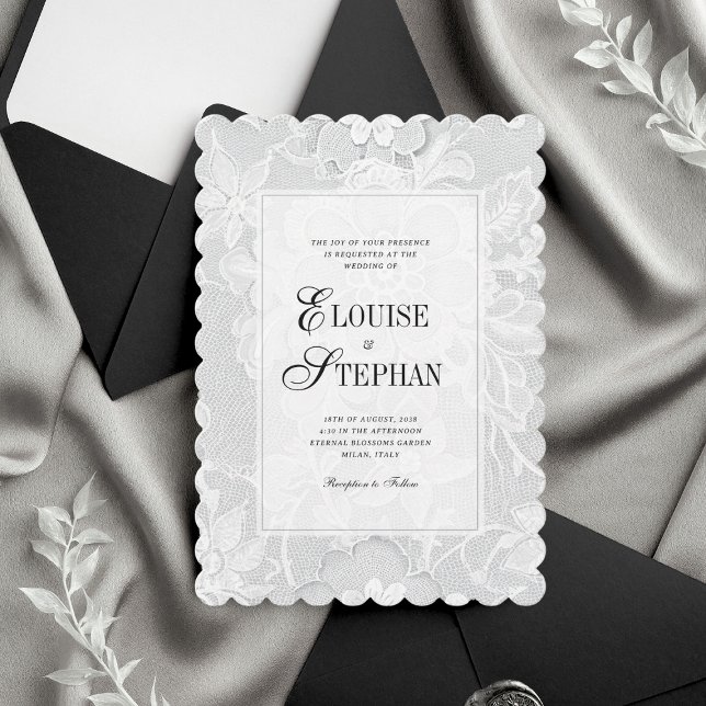 Convite Elegante Renda Branca de Casamento com Borda Recor (Criador carregado)