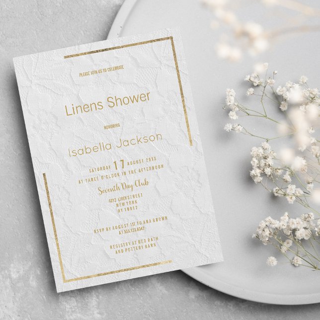 Convite Elegante renda de flores de ouro branco Linens Sho (Elegant white gold floral lace Linens Shower )