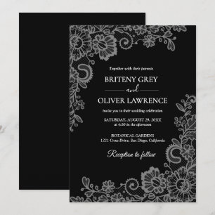Convite Elegante Renda Floral Preta e Prata para Casamento