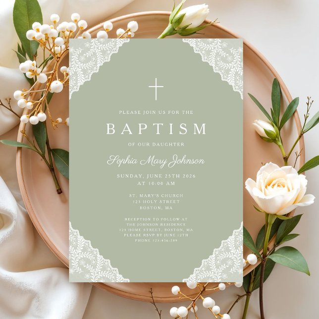 Convite Elegante Renda Verde Sálvia Batismo (Elegant Lace Sage Green Baptism Invitation)