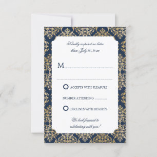 Convite Elegante Resposta RSVP Damasco Ouro Azul Marinho