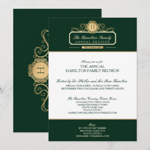 Convite Elegante Reunião de Família Monograma Verde Dourad