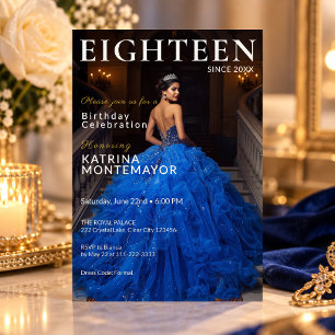 Convite Elegante Revista Azul Real Dourado 18º Aniversário